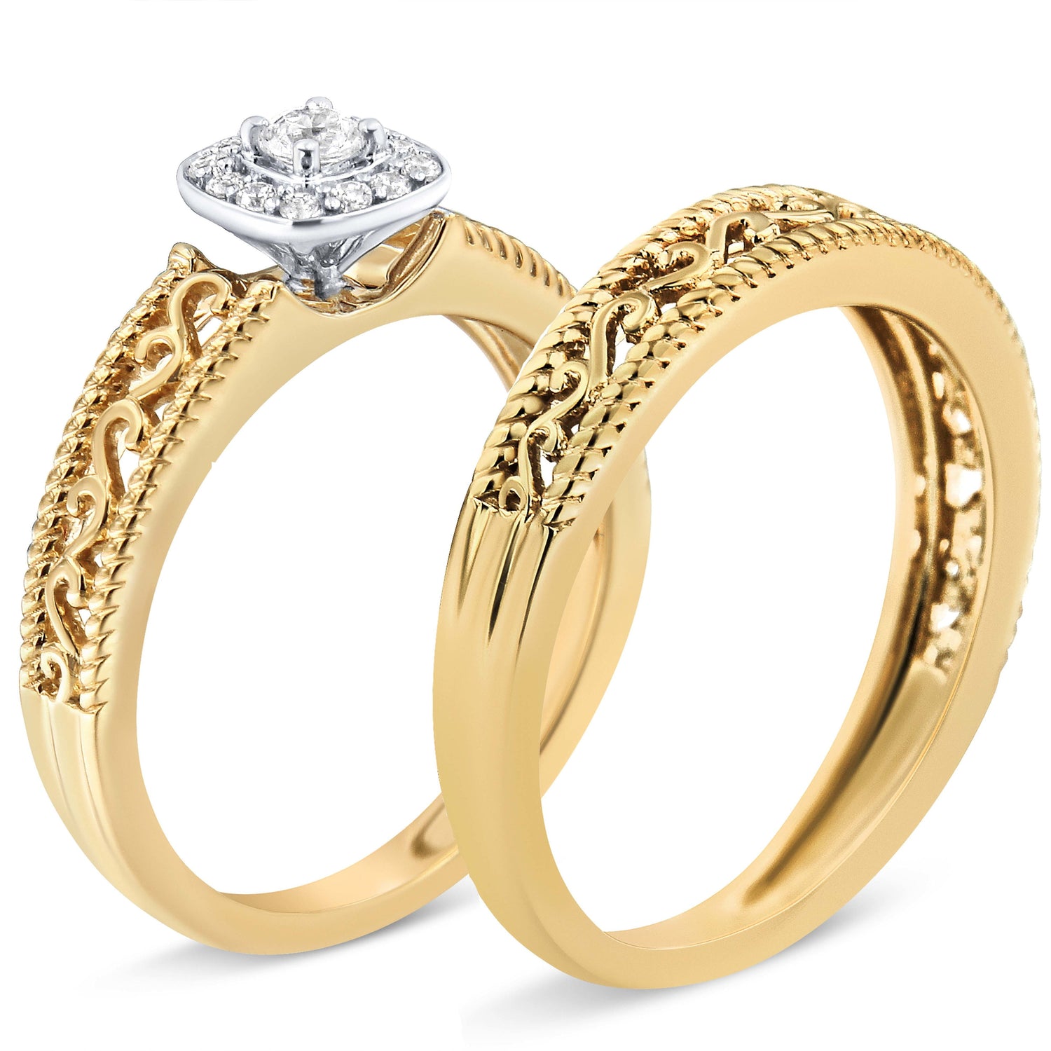 14K Yellow Gold Plated .925 Sterling Silver 1/5 Cttw Diamond Halo and Milgrain Finish Engagement Ring Bridal Set (I-J Color I3 Clarity) - Size 7 by Bids.com