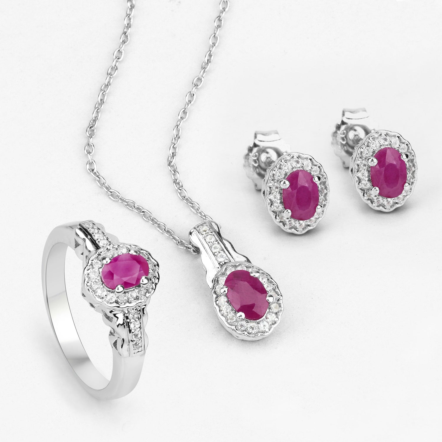 2.46 Carat Genuine Ruby and White Topaz .925 Sterling Silver 3 Piece Jewelry Set (Ring, Earrings, and Pendant w/ Chain)  DestGlow