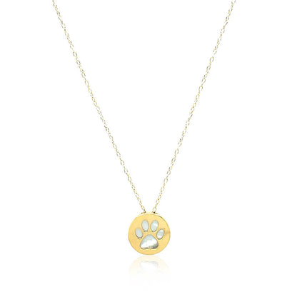 14k Yellow Gold Necklace with Dog Paw Print Symbol in Mother of Pearl  DestGlow