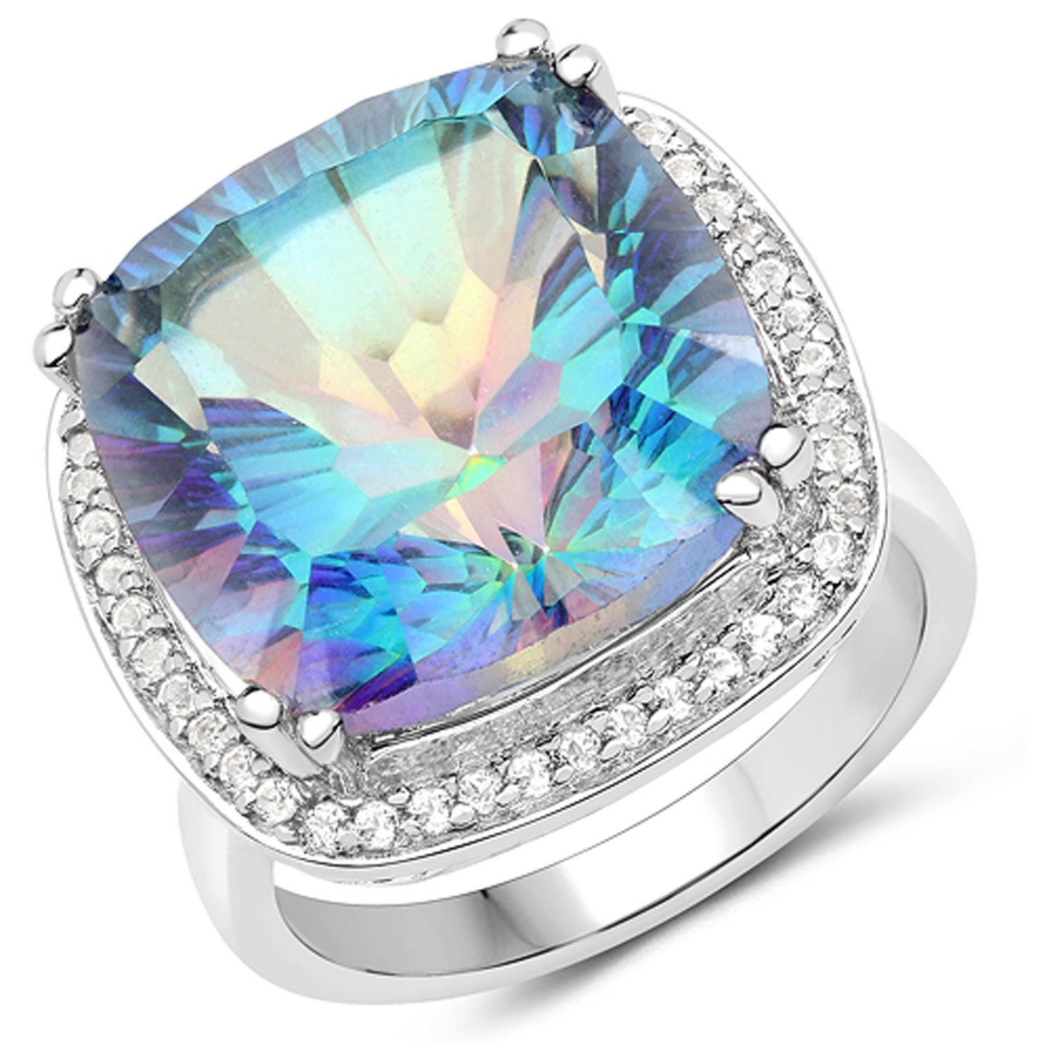 13.33 Carat Genuine Blue Rainbow Quartz and White Topaz .925 Sterling Silver Ring by Bids.com