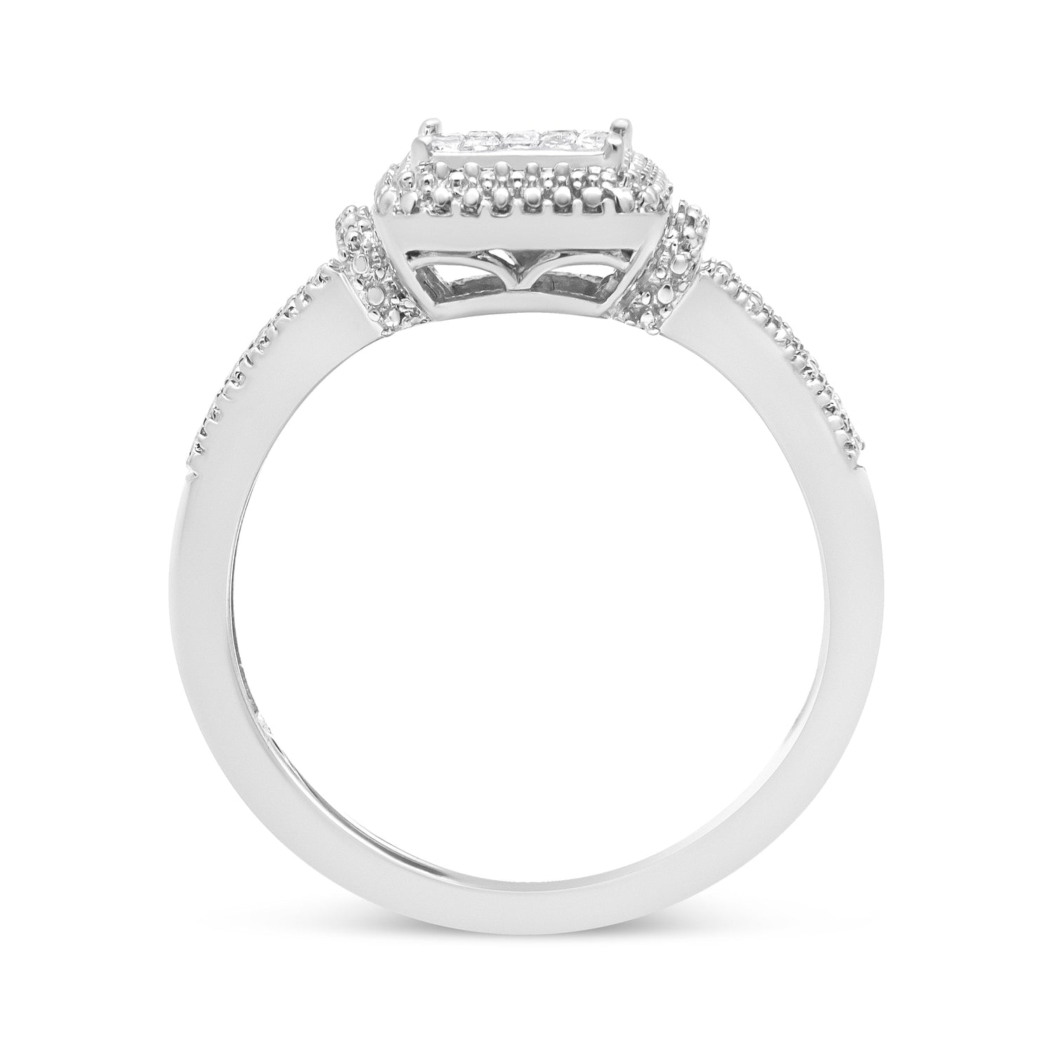 .925 Sterling Silver 1/4 Cttw Princess-cut Diamond Composite Ring with Beaded Halo (H-I Color, SI1-SI2 Clarity) - Size 7 by Bids.com