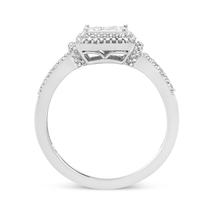 .925 Sterling Silver 1/4 Cttw Princess-cut Diamond Composite Ring with Beaded Halo (H-I Color, SI1-SI2 Clarity) - Size 7 by Bids.com