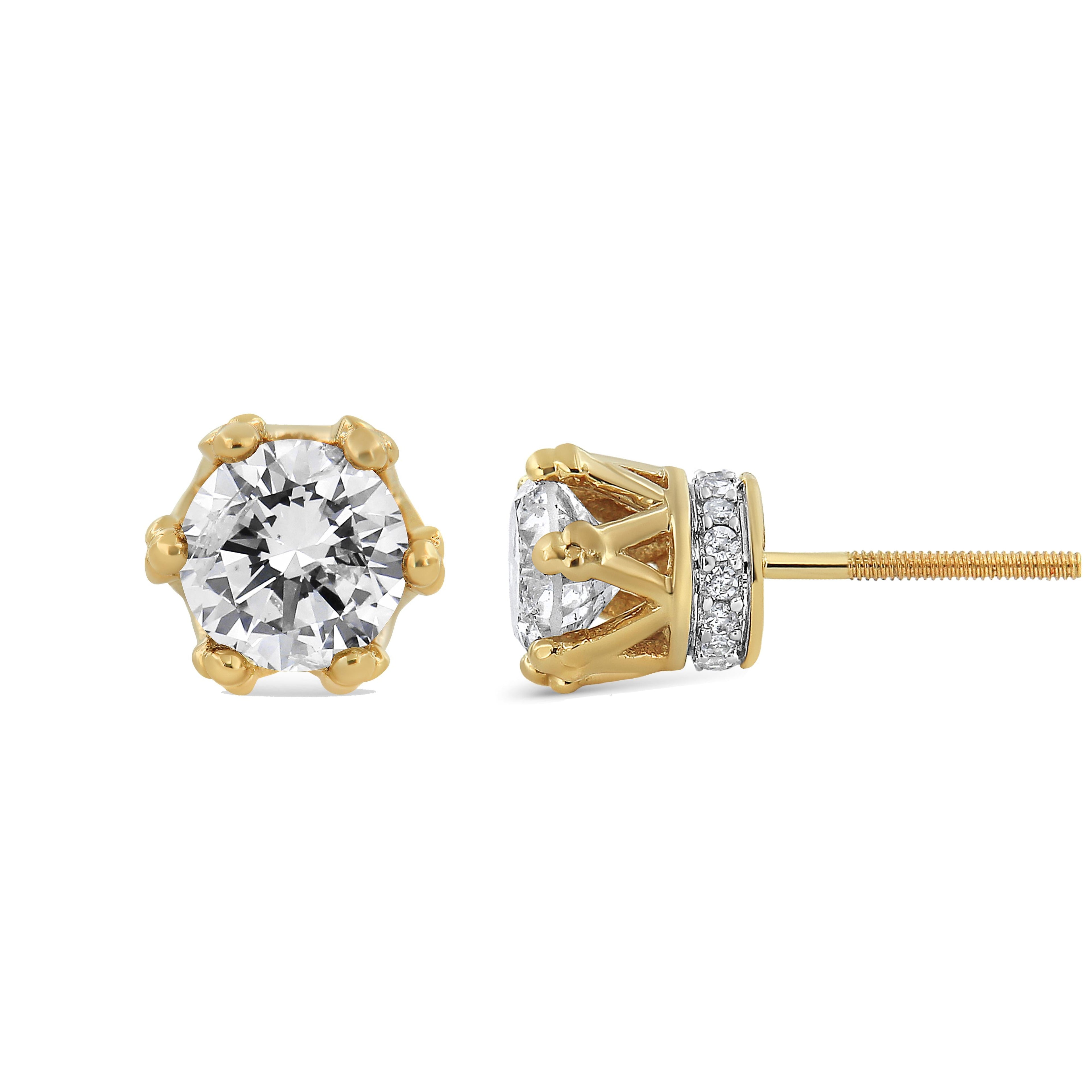 14K Yellow Gold 2.0 Cttw Round Diamond Crown Stud Earrings (I-J Color, I1-I2 Clarity) by Bids.com