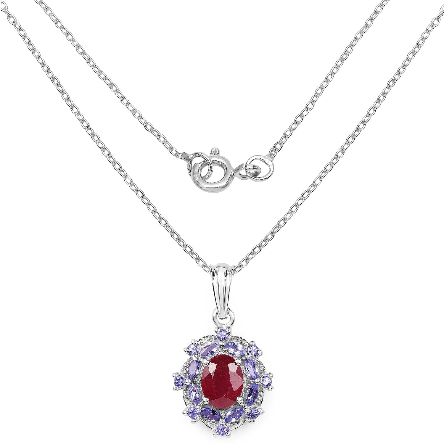 3.22 Carat Genuine Glass Filled Ruby &amp; Tanzanite .925 Sterling Silver Pendant  DestGlow