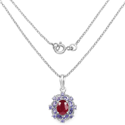3.22 Carat Genuine Glass Filled Ruby &amp; Tanzanite .925 Sterling Silver Pendant  DestGlow