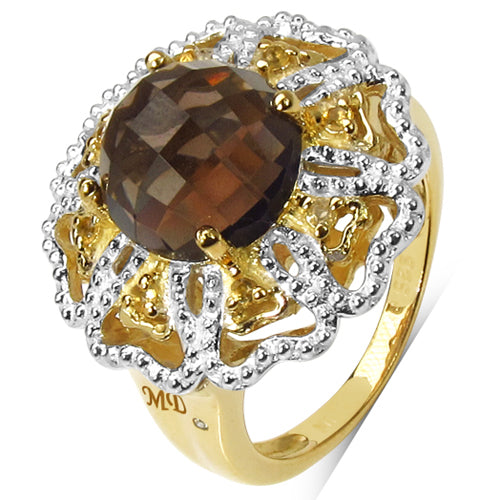 14K Yellow Gold Plated 3.23 Carat Genuine Smoky Quartz, Citrine &amp; White Diamond .925 Sterling Silver Ring by Bids.com