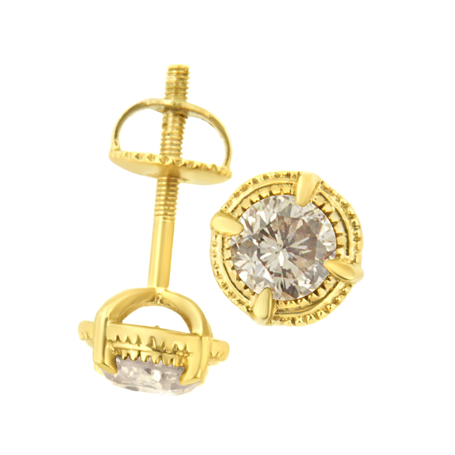 14K Yellow Gold Plated .925 Sterling Silver 1.0 Cttw Round Brilliant Cut Diamond Solitaire Milgrain Stud Earrings (K-L Color, I2-I3 Clarity) by Bids.com