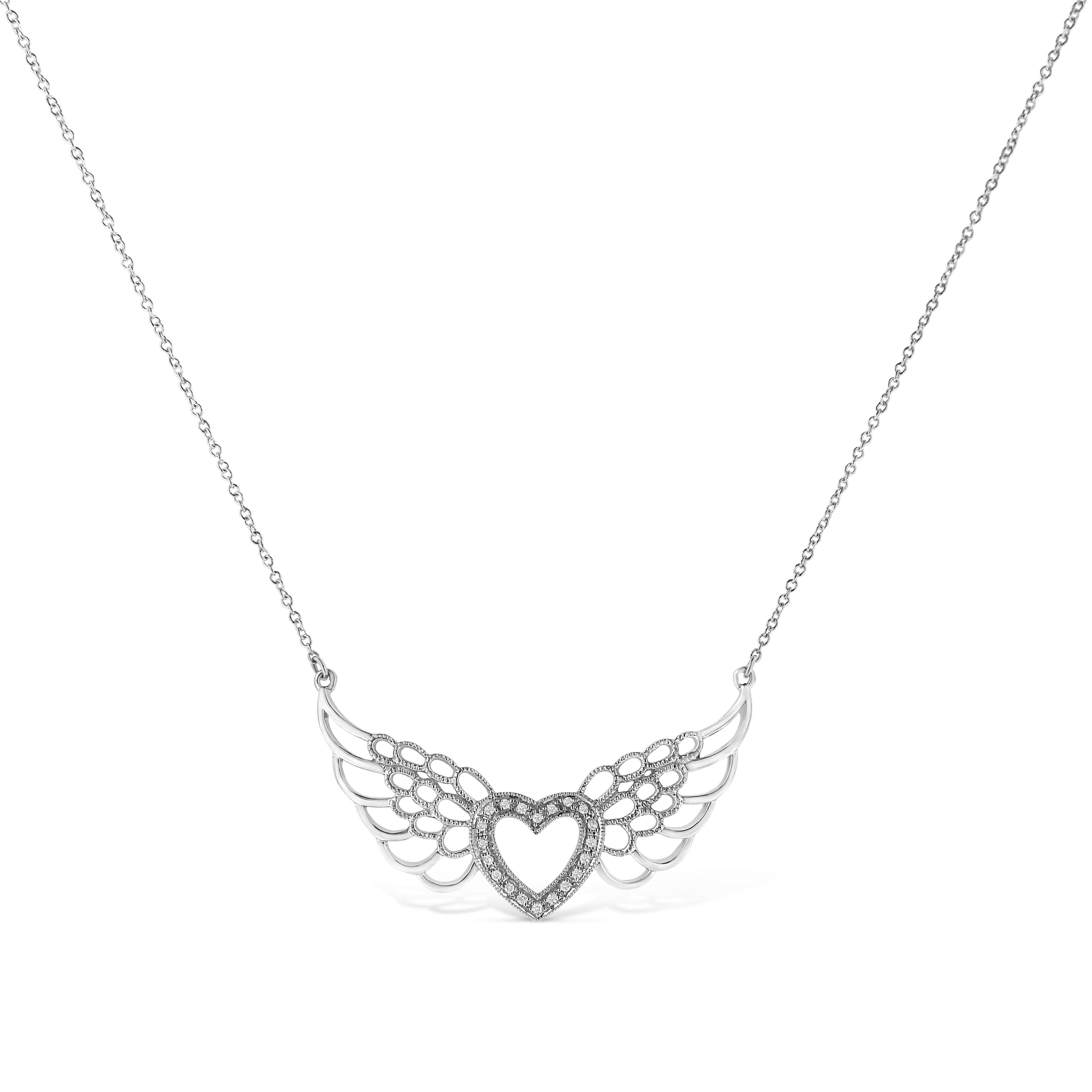 .925 Sterling Silver Pave-Set Diamond Accent Fairy Wing 18" Heart Pendant Necklace (I-J Color, I1-I2 Clarity) by Bids.com