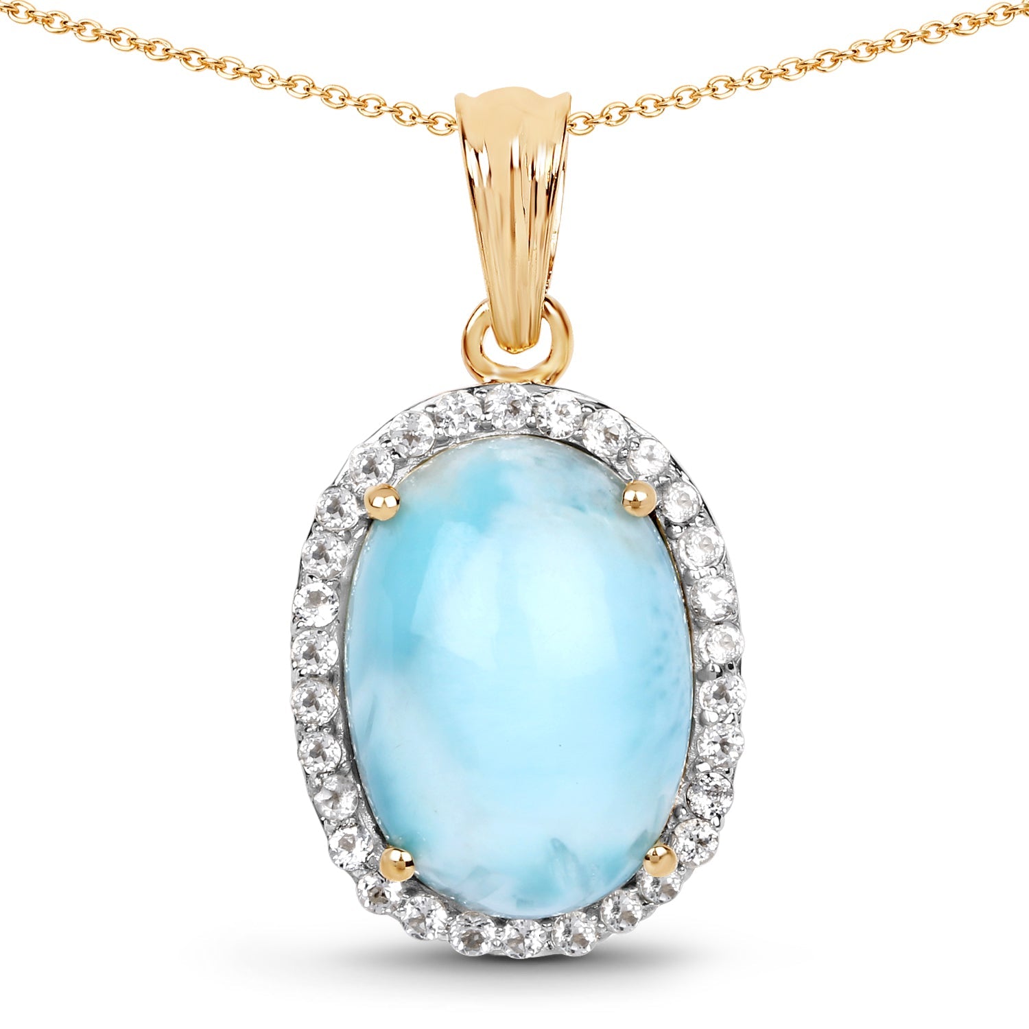 14K Yellow Gold Plated 13.55 Carat Genuine Larimar and White Topaz .925 Sterling Silver Pendant by Bids.com