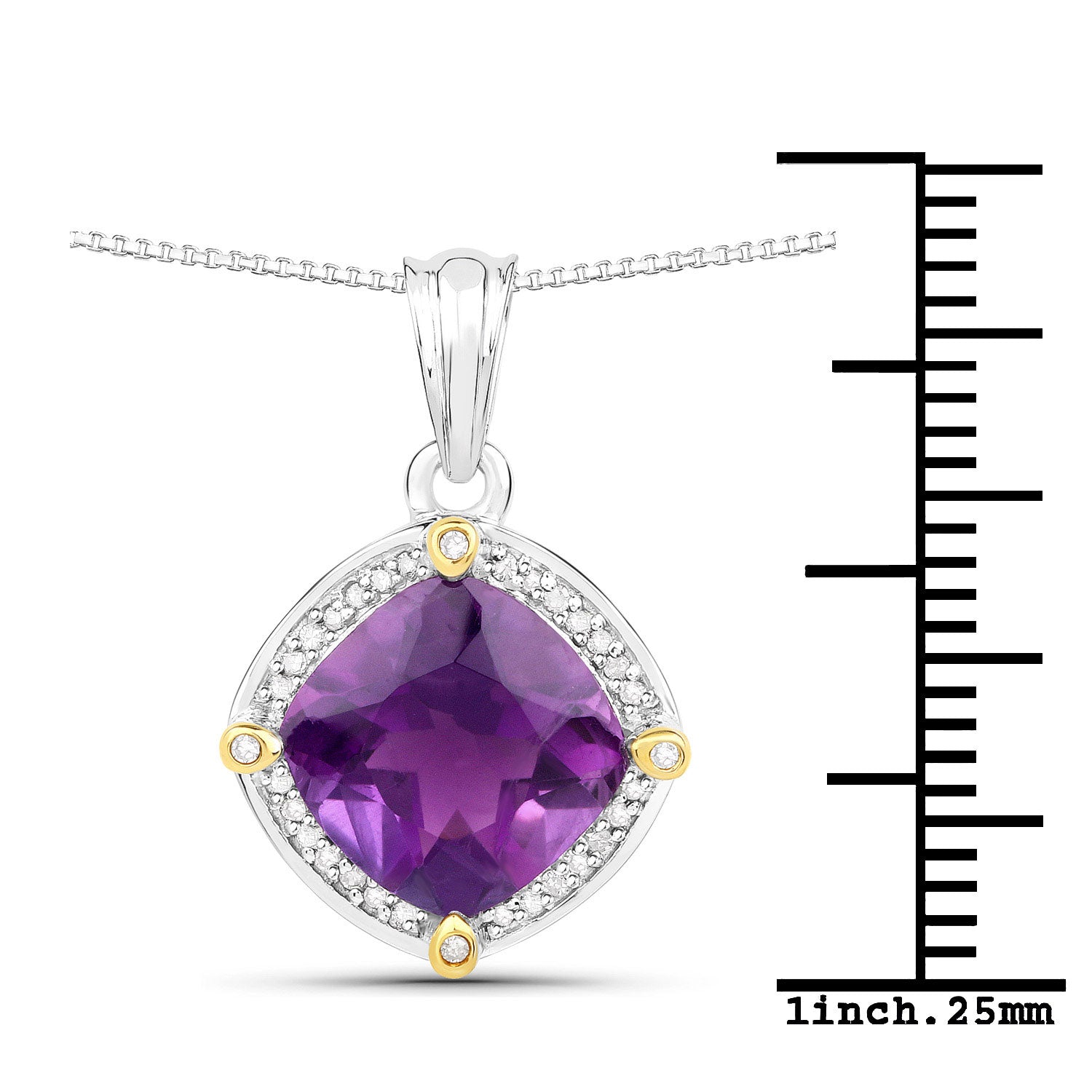 3.20 Carat Genuine Amethyst and White Diamond 18K Yellow Gold with .925 Sterling Silver Pendant  DestGlow