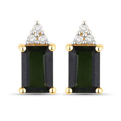 1.25 Carat Genuine Green Tourmaline and White Diamond 14K Yellow Gold Earrings  DestGlow