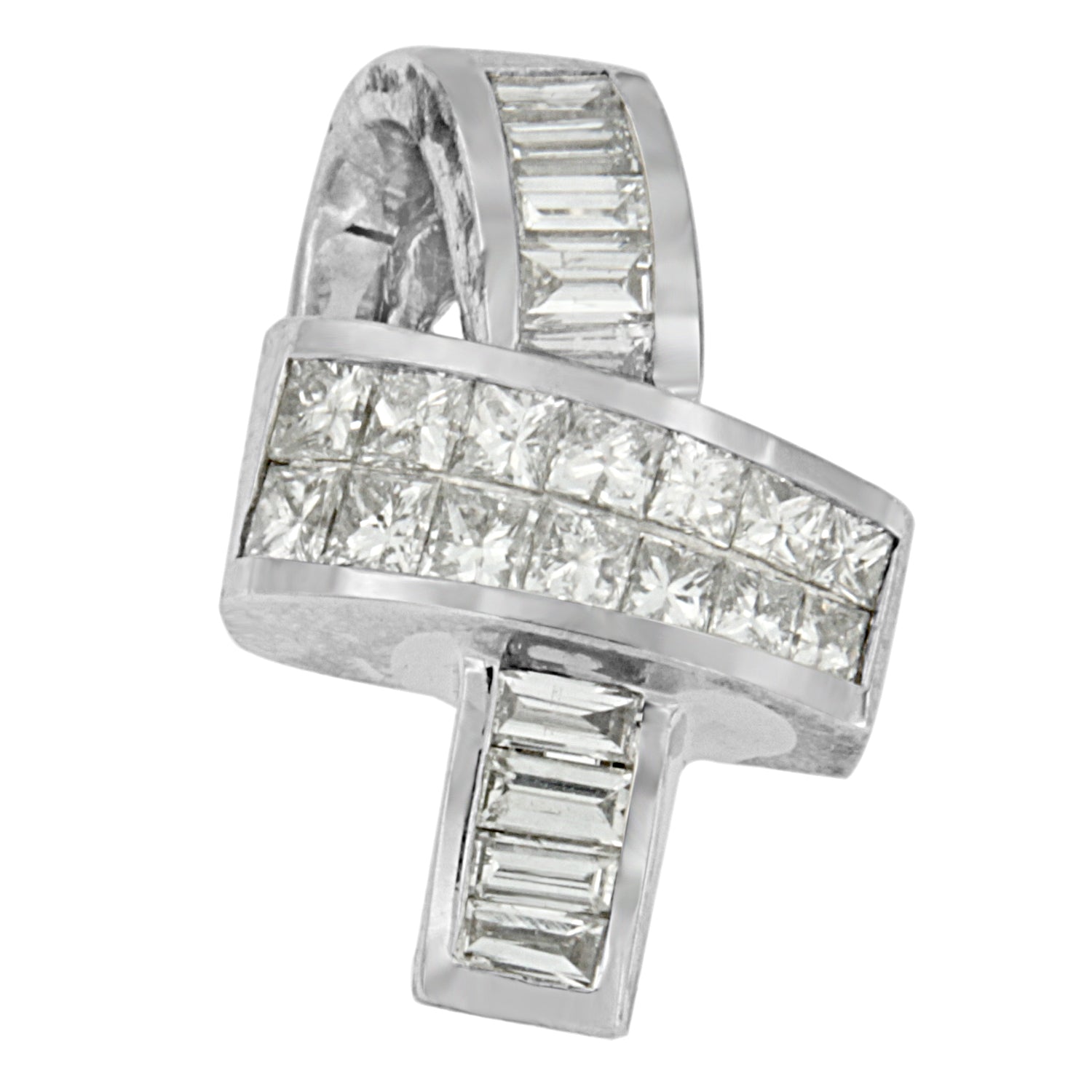 14K White Gold 2 cttw Princess and Baguette Cut Diamond Ribbon Pendant Necklace (H-I, SI-SI2) by Bids.com