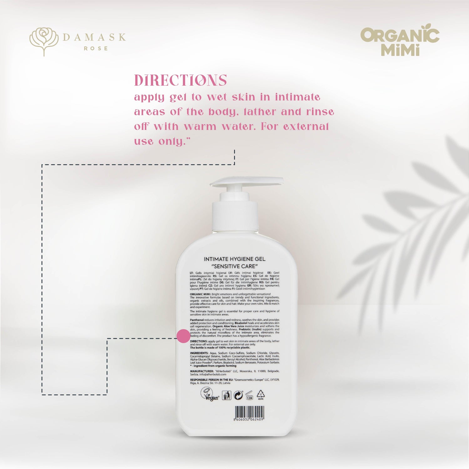 ORGANIC MIMI, INTIMATE HYGIENE GEL SENSITIVE CARE, 300 ml by Damask Rose