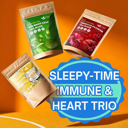 Sleepy-Time Immune &amp; Heart Trio, Chamomile, Soursop &amp; Hibiscus Herbal Tea Bags, 100% Natural and Pure Flowers &amp; Leaves, Eco-Conscious Tea Bags, Caffeine-Free, No Sugar, No Gluten, Vegan – Herbal Tea Beverage by FreshDrinkUS - Natural and Premium Herbal Tea