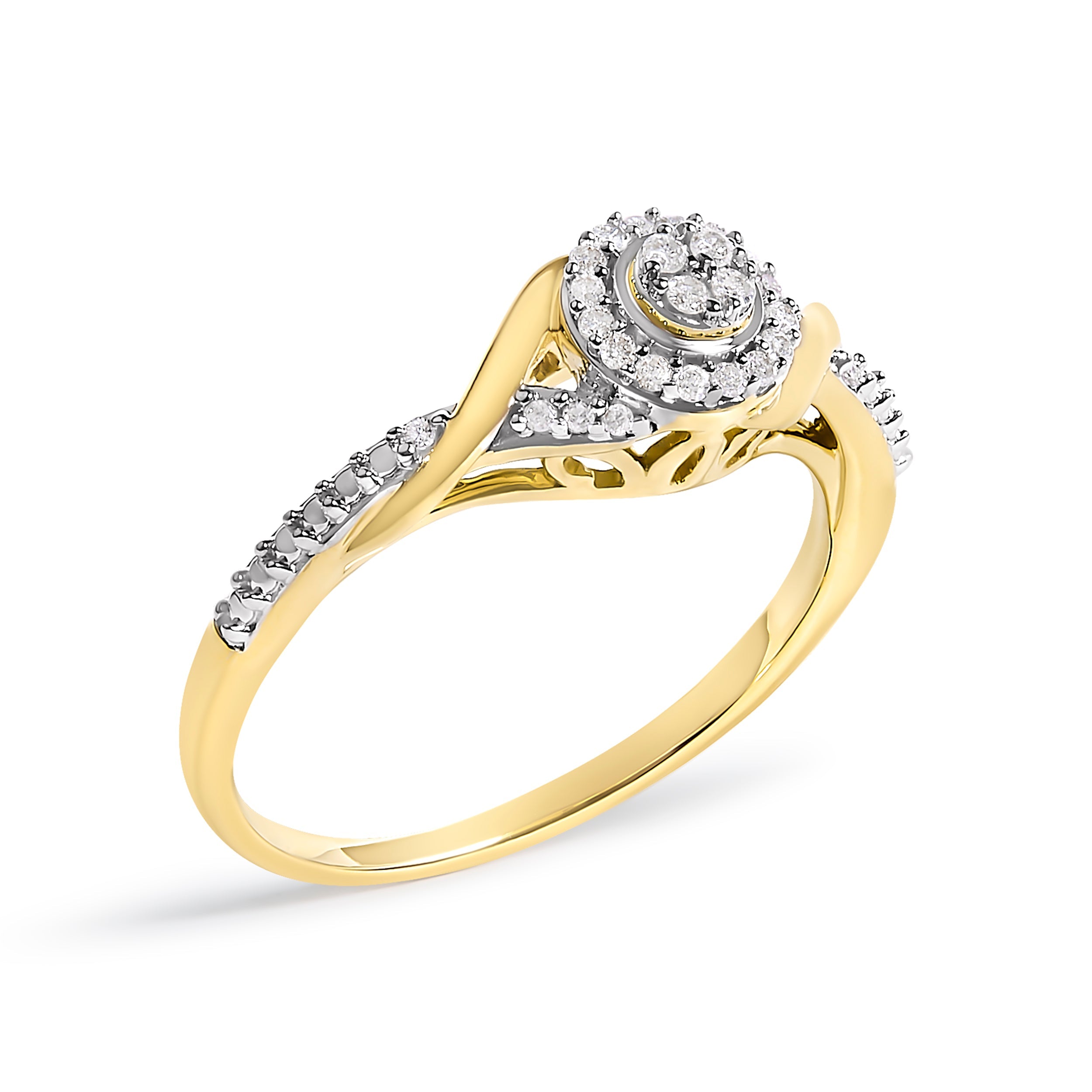 10K Yellow Gold 1/10 Cttw Diamond Swirl and Halo Promise Ring (I-J Color, I3 Clarity) - Size 7 by Bids.com