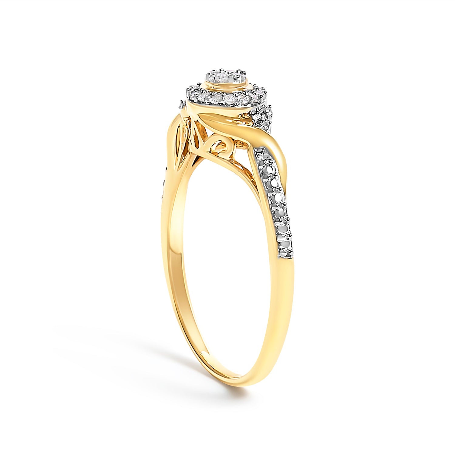 10K Yellow Gold 1/10 Cttw Diamond Swirl and Halo Promise Ring (I-J Color, I3 Clarity) - Size 7 by Bids.com