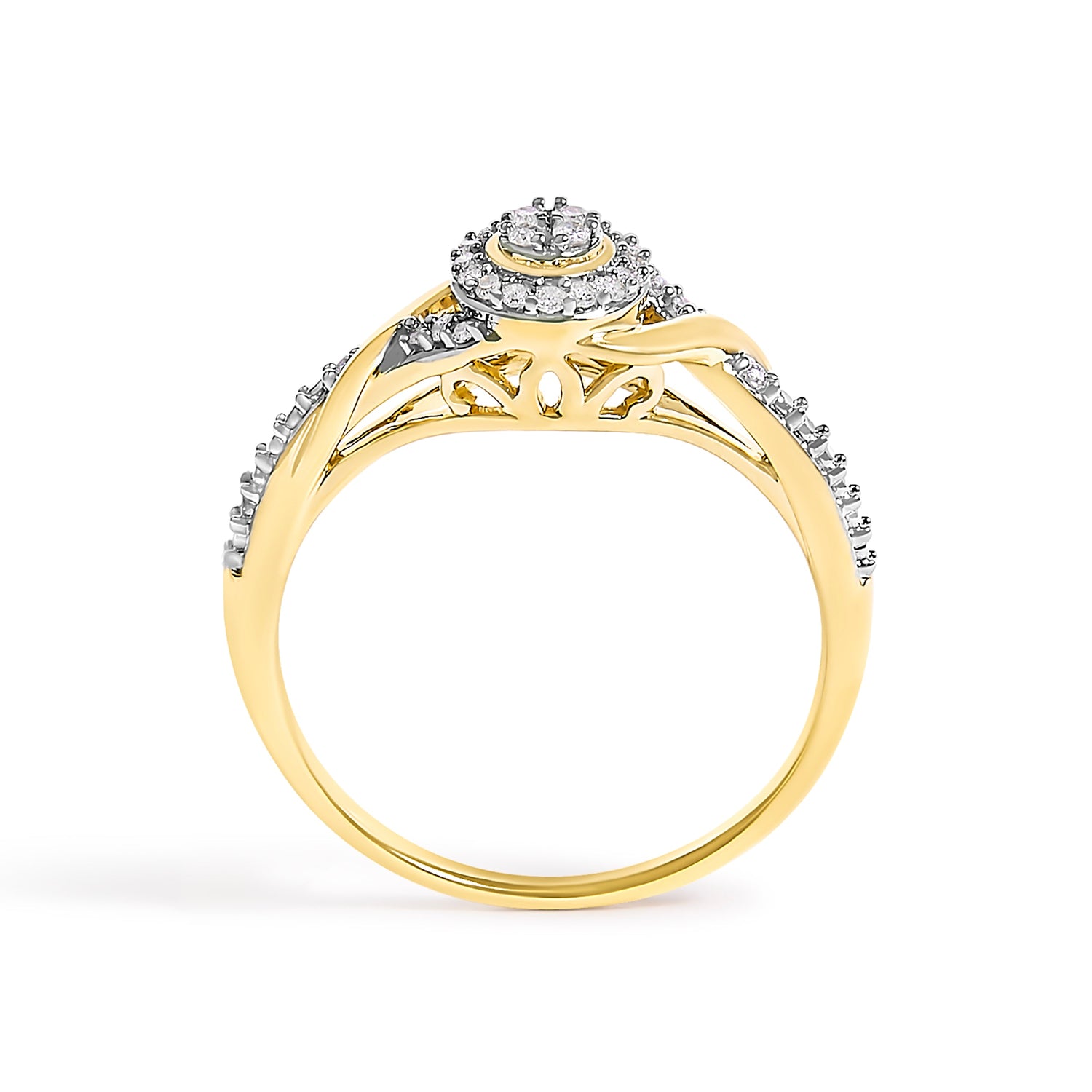 10K Yellow Gold 1/10 Cttw Diamond Swirl and Halo Promise Ring (I-J Color, I3 Clarity) - Size 7 by Bids.com
