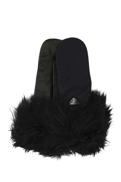 Prada Women Black Nylon And Nappa Leather Gloves by Luosophy