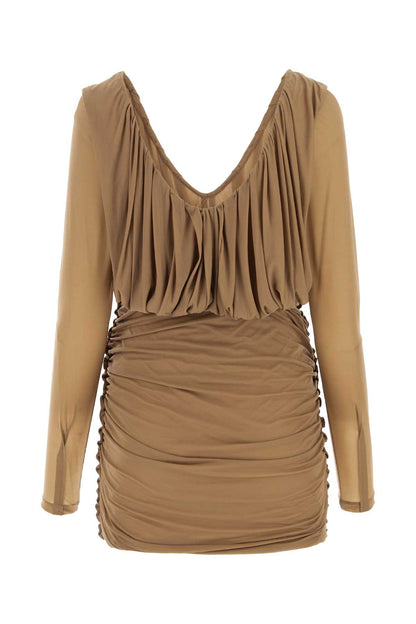 Saint Laurent Women Camel Jersey Mini Dress by Luosophy