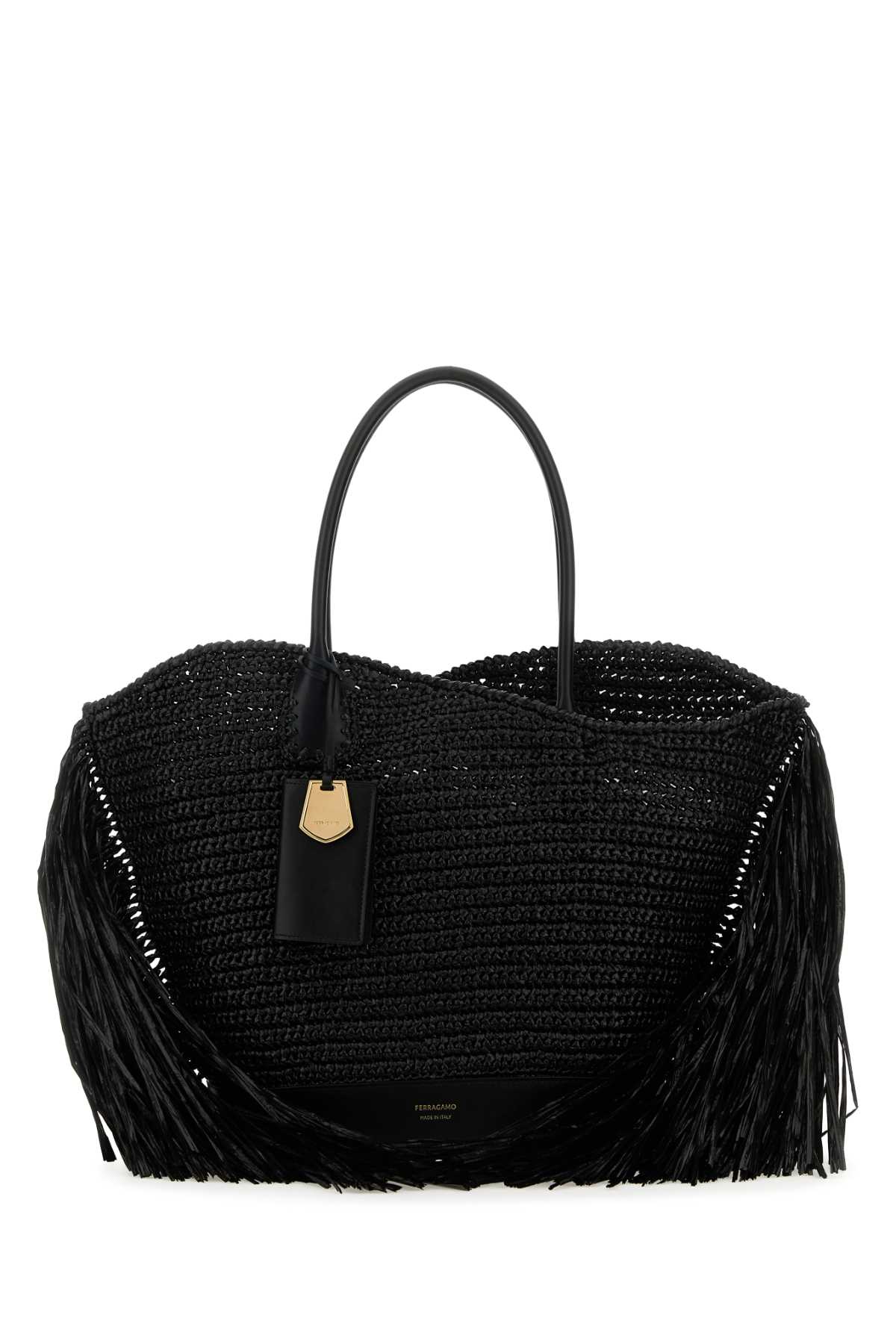 Salvatore Ferragamo Women Black Raffia And Leather Big Shopping Bag by Luosophy