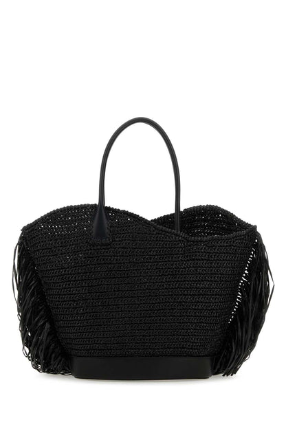 Salvatore Ferragamo Women Black Raffia And Leather Big Shopping Bag by Luosophy