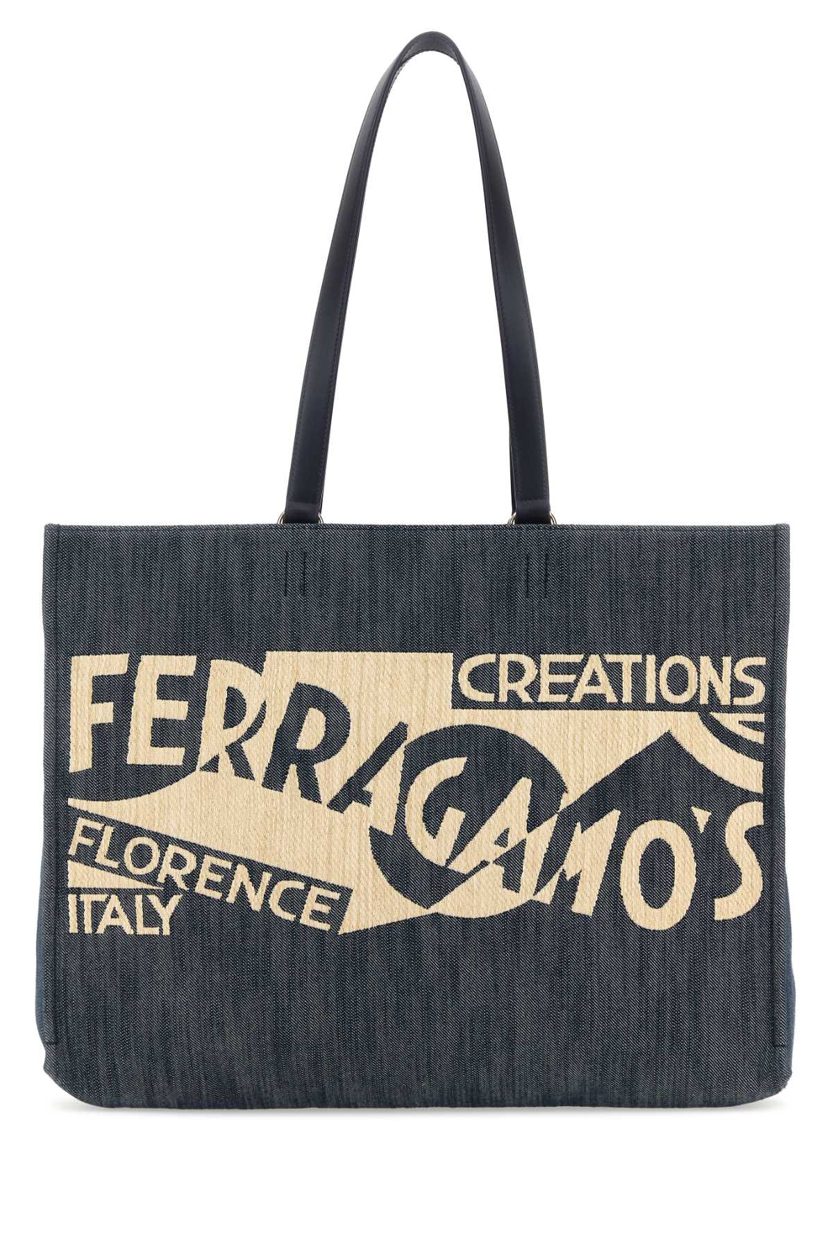 Salvatore Ferragamo Women Blue Denim Large Tt Sign Shopping Bag by Luosophy