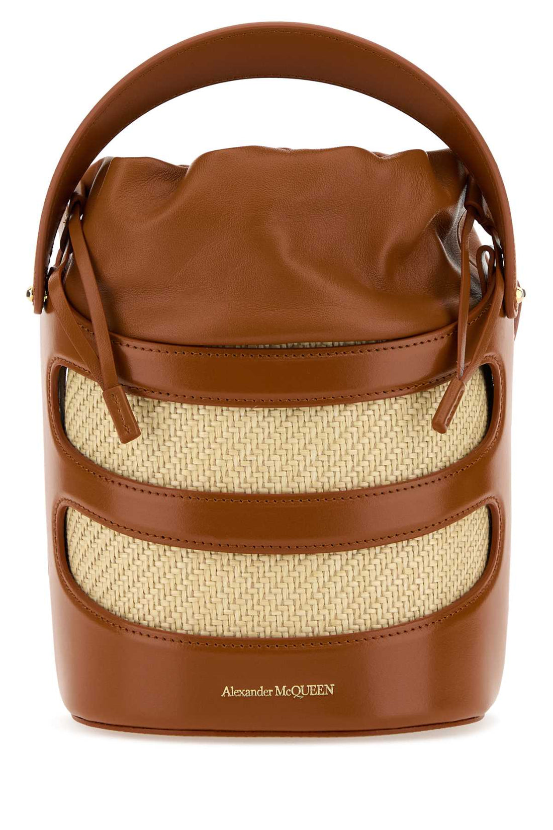 Alexander Mcqueen Women Two-Tone Leather And Raffia The Rise Bucket Bag by Luosophy