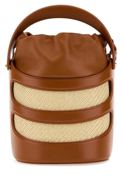 Alexander Mcqueen Women Two-Tone Leather And Raffia The Rise Bucket Bag by Luosophy