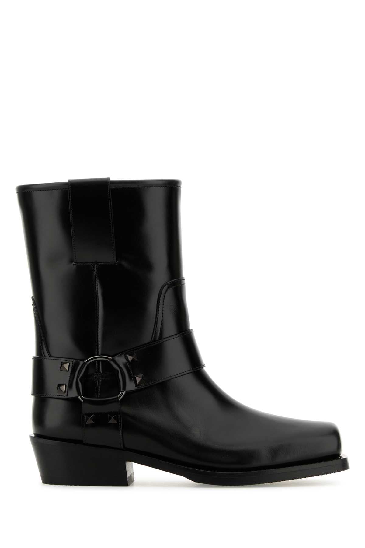 Valentino Garavani Women Black Leather Biker Rockstud Ankle Boots by Luosophy