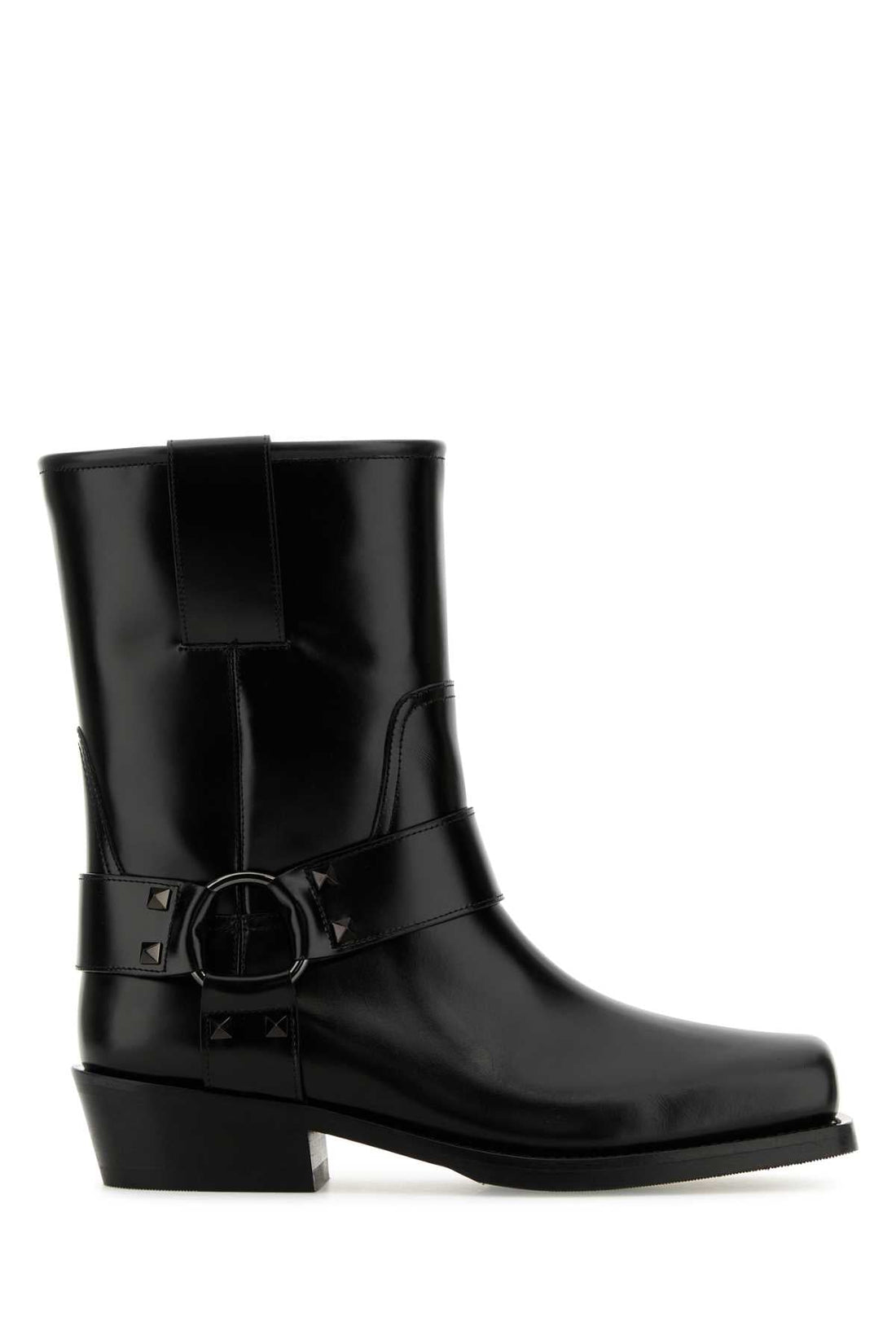 Valentino Garavani Women Black Leather Biker Rockstud Ankle Boots by Luosophy