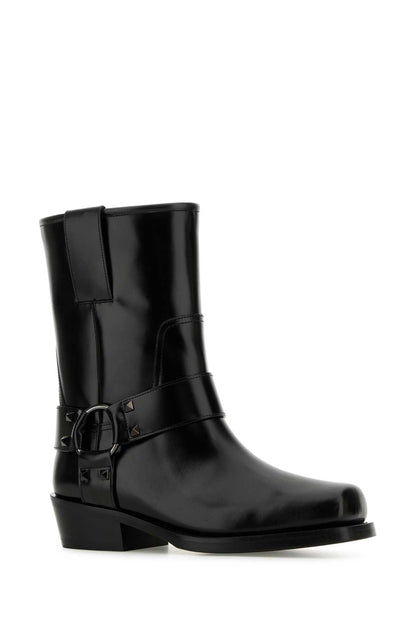 Valentino Garavani Women Black Leather Biker Rockstud Ankle Boots by Luosophy