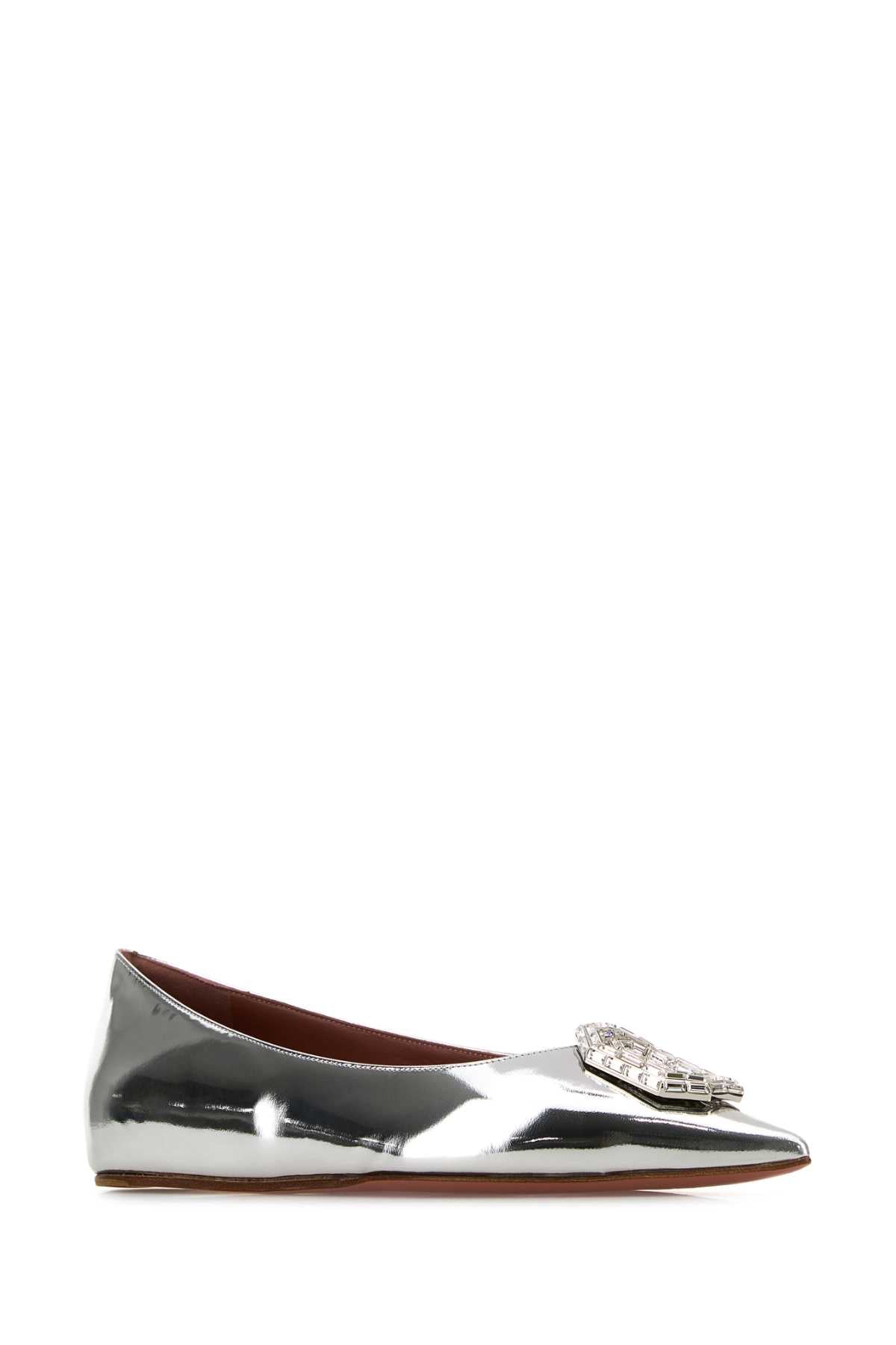 Amina Muaddi Women Silver Leather Camelia Ballerinas by Luosophy