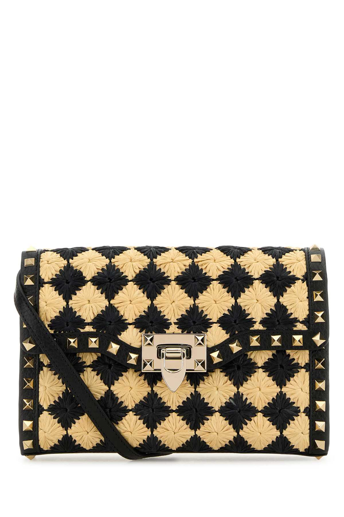 Valentino Garavani Women Two-Tone Raffia Rockstud Crossbody Bag by Luosophy