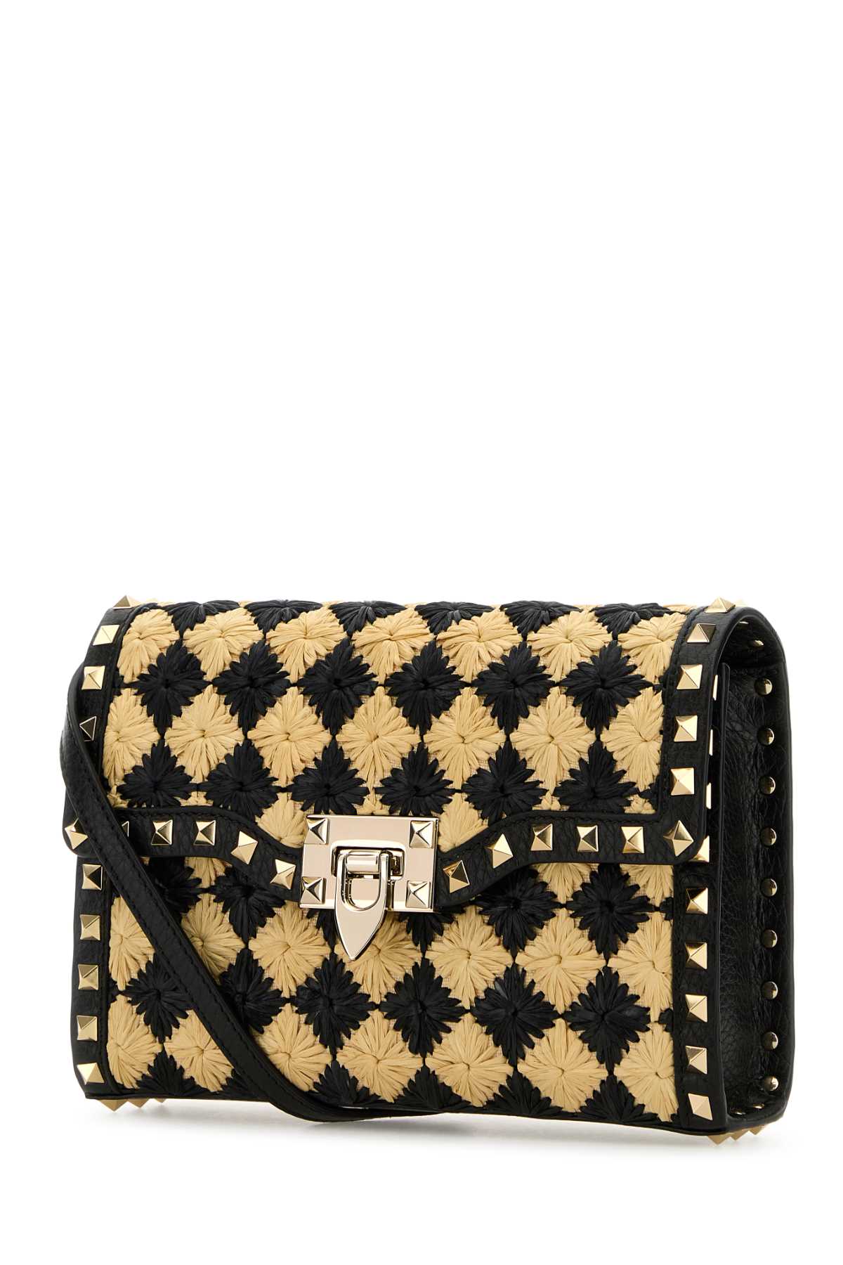 Valentino Garavani Women Two-Tone Raffia Rockstud Crossbody Bag by Luosophy