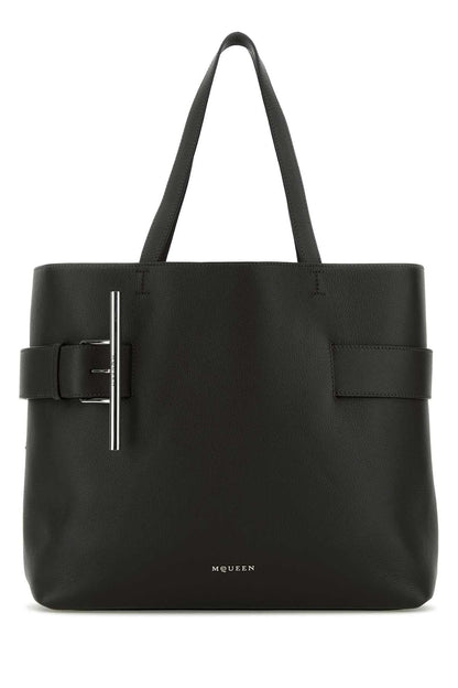 Alexander Mcqueen Women Black Leather T-Bar Shopping Bag by Luosophy