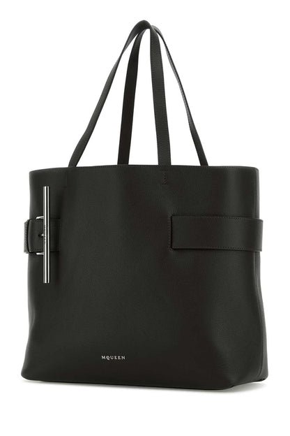 Alexander Mcqueen Women Black Leather T-Bar Shopping Bag by Luosophy