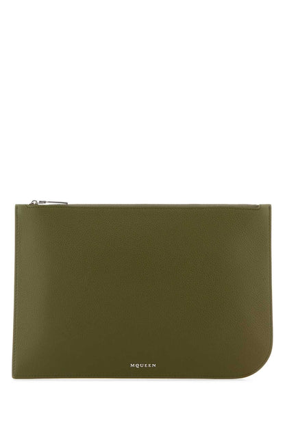 Alexander Mcqueen Men Olive Green Leather Large Sling Pouch by Luosophy