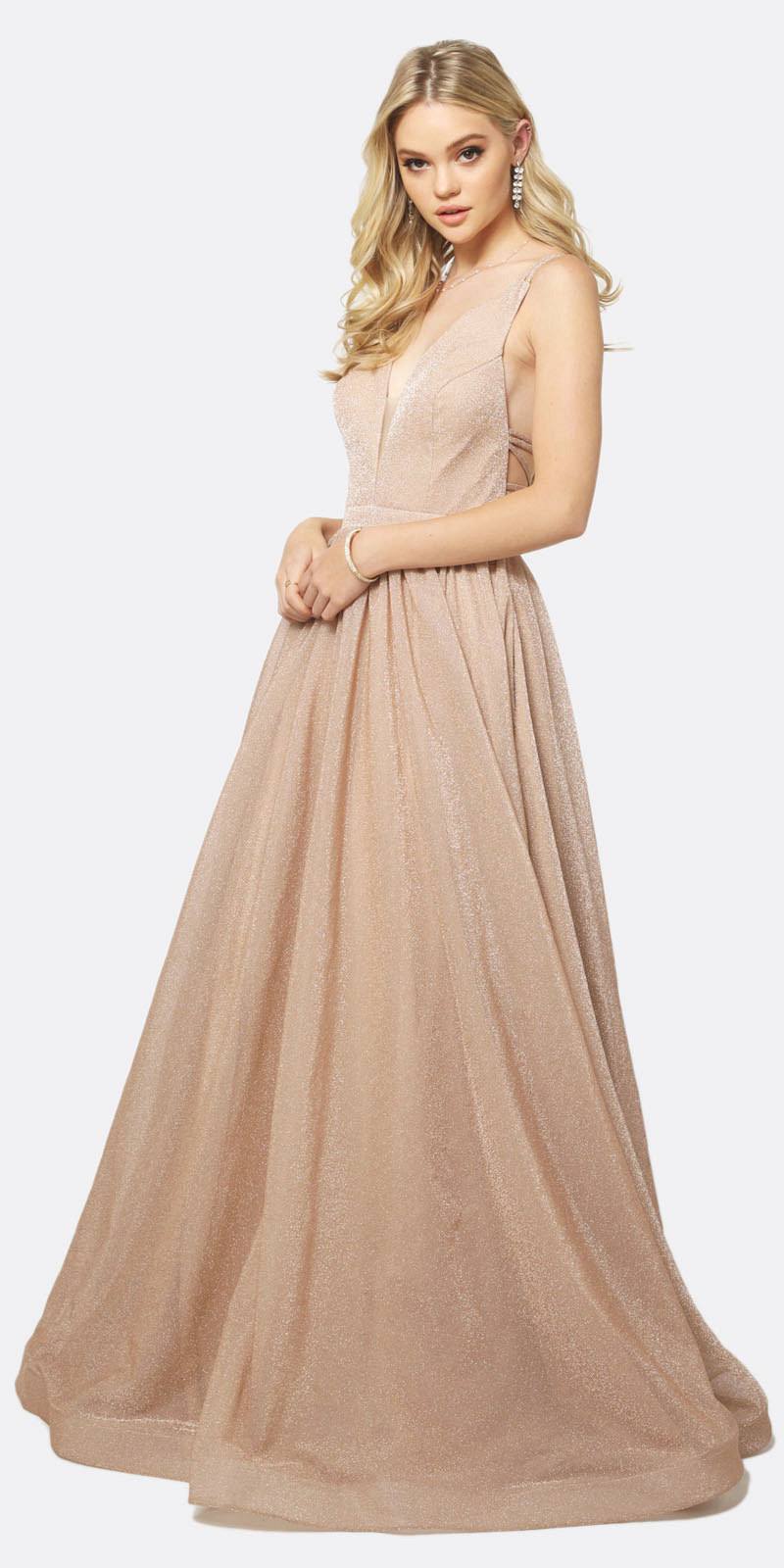 Juliet 201 Plunging V-Neckline Long Glitter Dress A-Line by DiscountDressShop