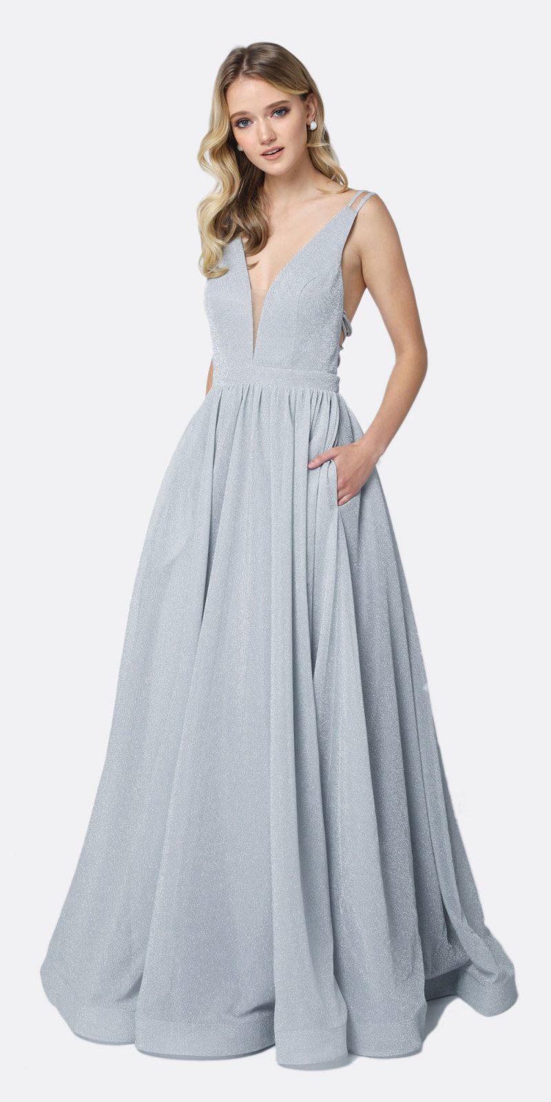 Juliet 201 Plunging V-Neckline Long Glitter Dress A-Line by DiscountDressShop