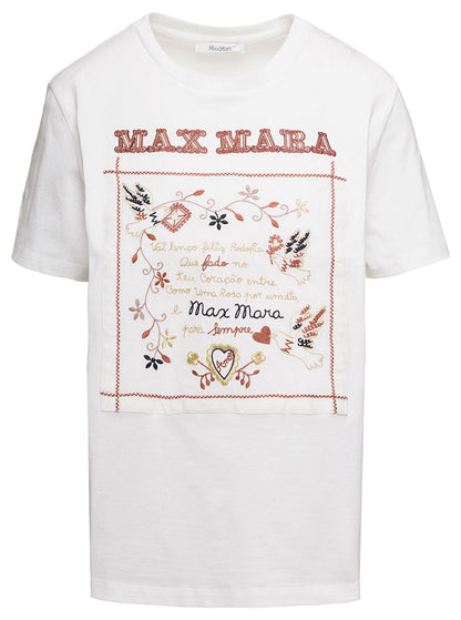 Max Mara Women White Crew Neck T-Shirt With Embroidered Design And Logo In Cotton Woman by Luosophy
