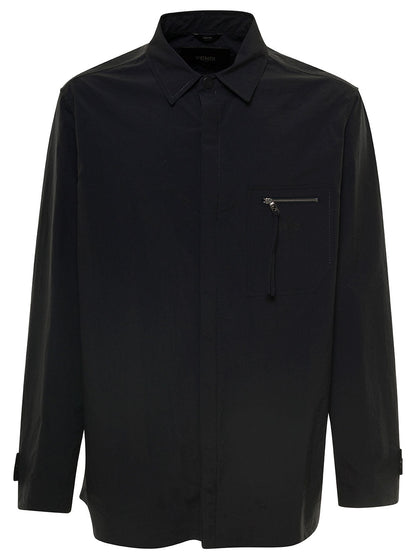 Fendi Men Blue Jacket With Patch Zipped Pocket And Logo In Nylon Man by Luosophy