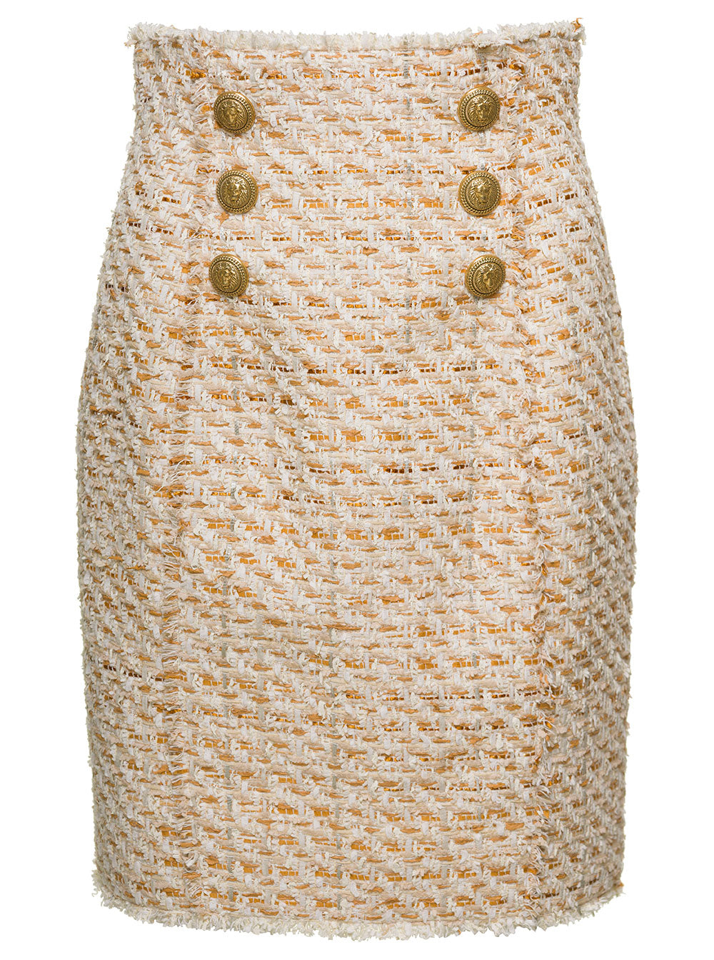 Balmain Women Beige Tweed Skirt With Front Golden Buttons In Cotton Blend Woman by Luosophy