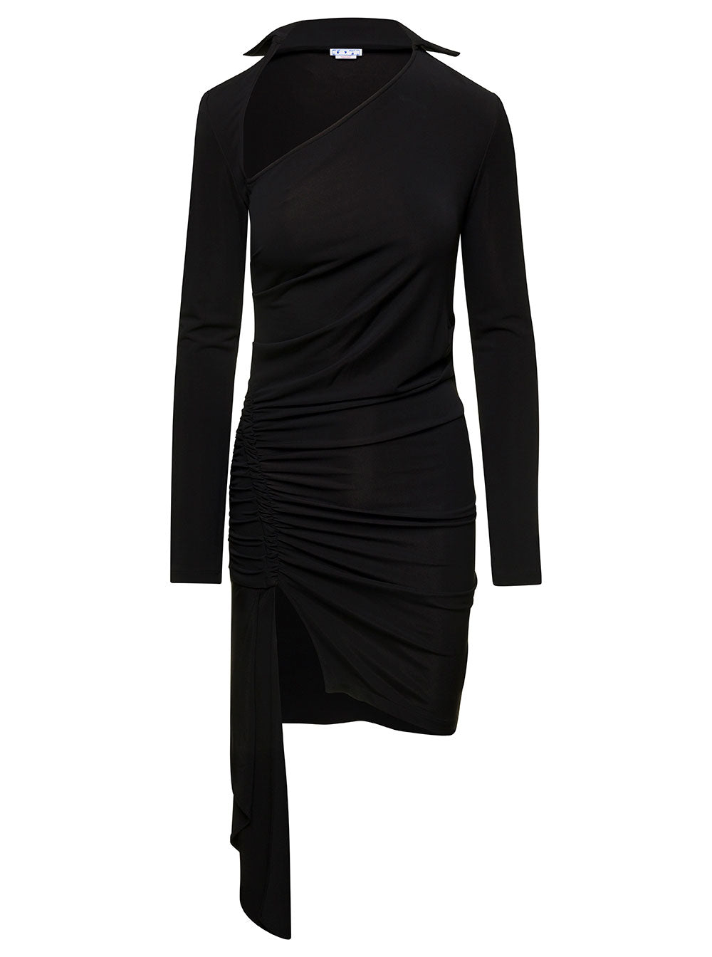 Off-White Women Mini Asymmetric Black Dress With Cut-Out And Ruffle Detail In Viscose Stretch Woman by Luosophy