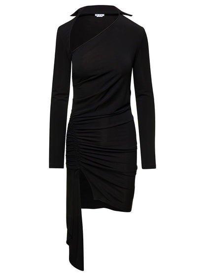 Off-White Women Mini Asymmetric Black Dress With Cut-Out And Ruffle Detail In Viscose Stretch Woman by Luosophy