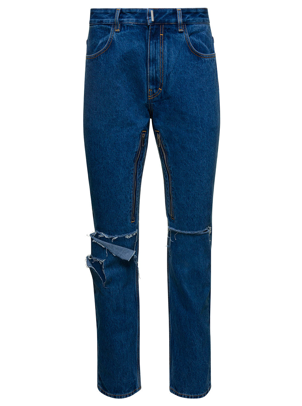 Givenchy Men Blue Jeans With Zip And Rips Details In Cotton Denim Man by Luosophy