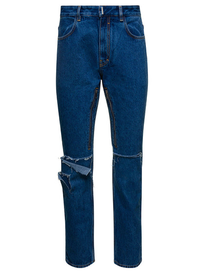 Givenchy Men Blue Jeans With Zip And Rips Details In Cotton Denim Man by Luosophy