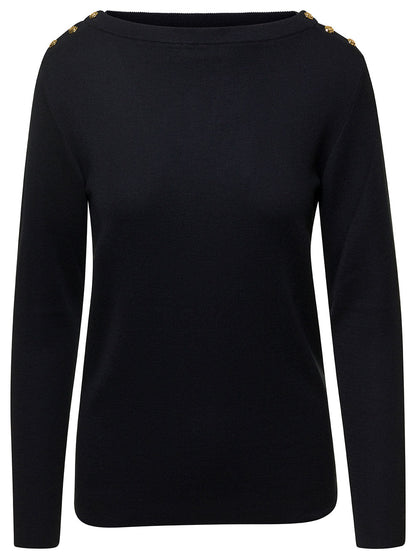 Gucci Women Black Sweater With Boat Neckline And Golden Logo Buttons In Cashmere Woman by Luosophy