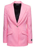 Versace Women Pink Single-Breasted Jacket With All-Over Tonal Logo Lettering Print In Wool Woman by Luosophy