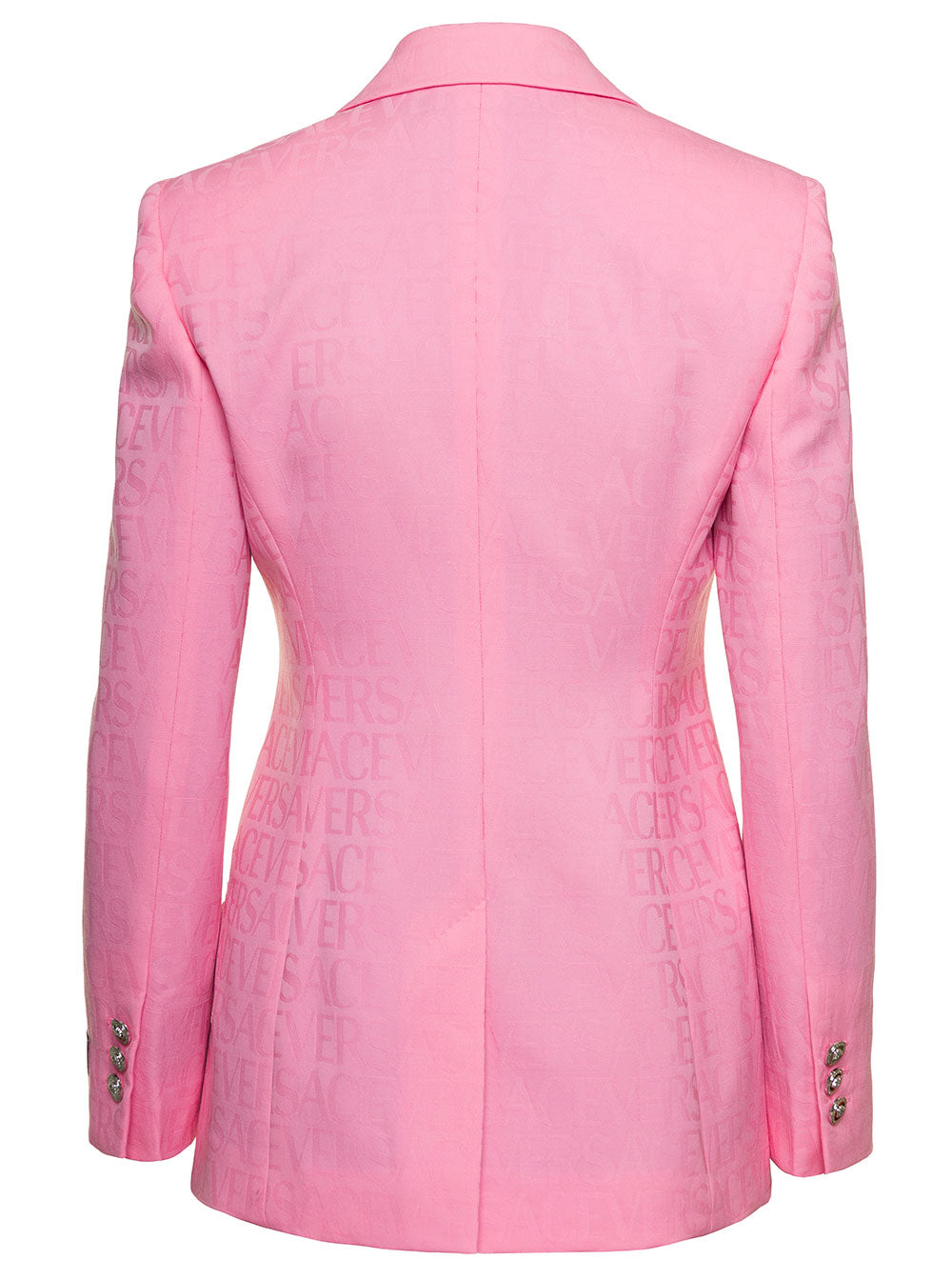 Versace Women Pink Single-Breasted Jacket With All-Over Tonal Logo Lettering Print In Wool Woman by Luosophy