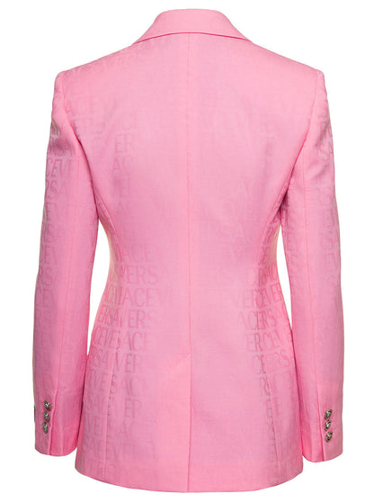 Versace Women Pink Single-Breasted Jacket With All-Over Tonal Logo Lettering Print In Wool Woman by Luosophy